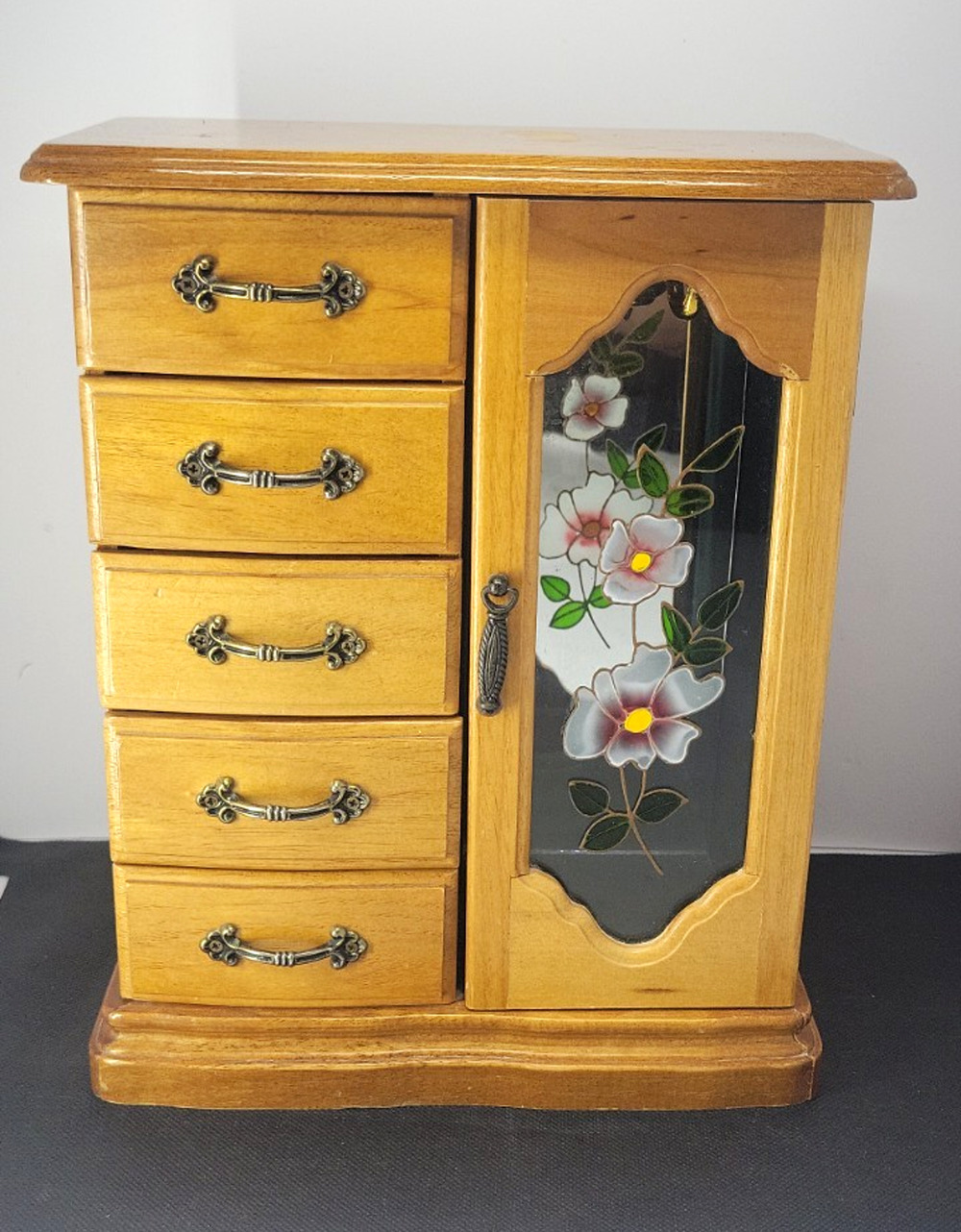 Wood Jewelry Box Cabinet 5 Drawers Floral Glass Door Velvet Lined Brown